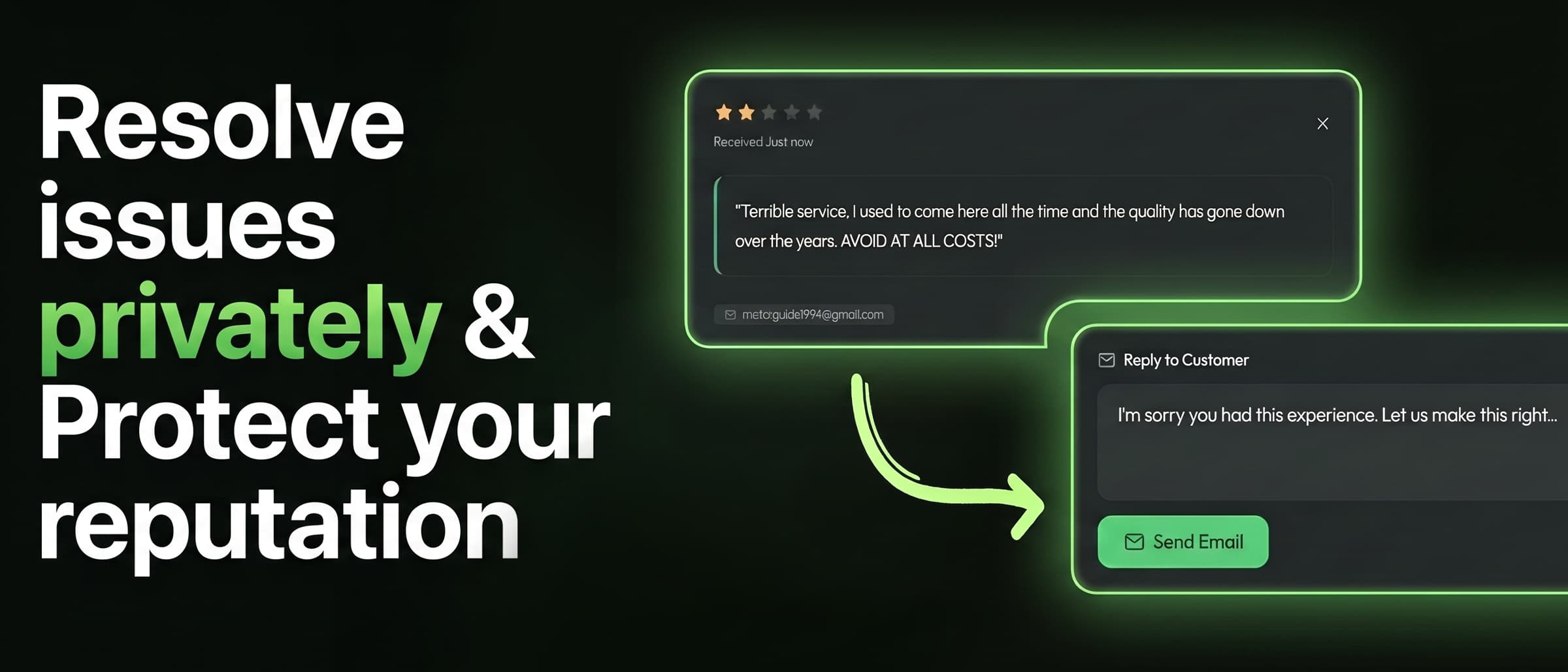 A 2-star complaint in RepuTap with a drafted private email reply to the customer, beside the words Resolve issues privately and protect your reputation