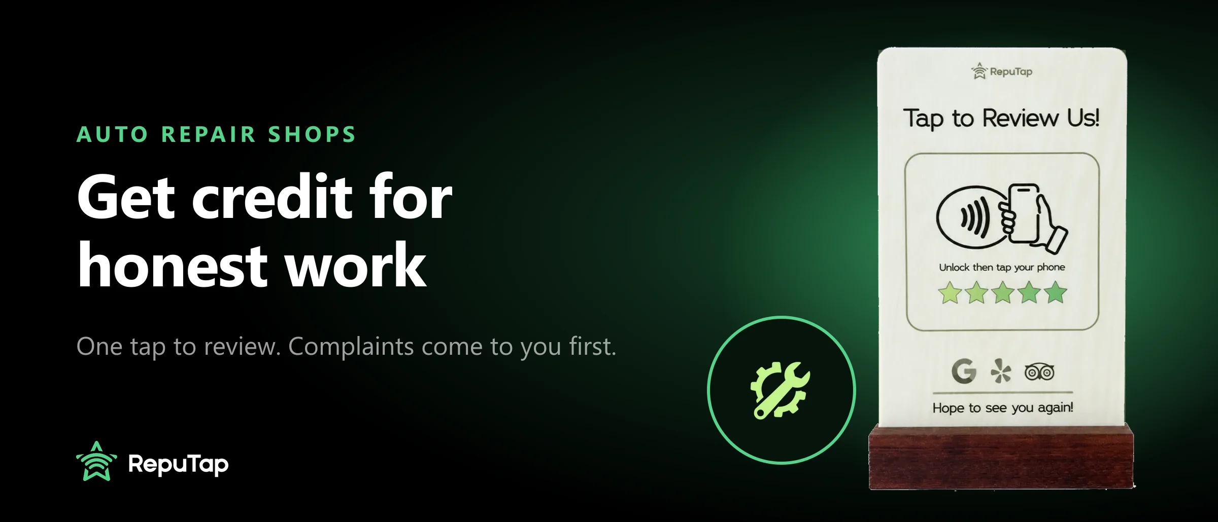 A RepuTap Tap to Review Us stand beside the words Auto repair shops, more 5-star reviews