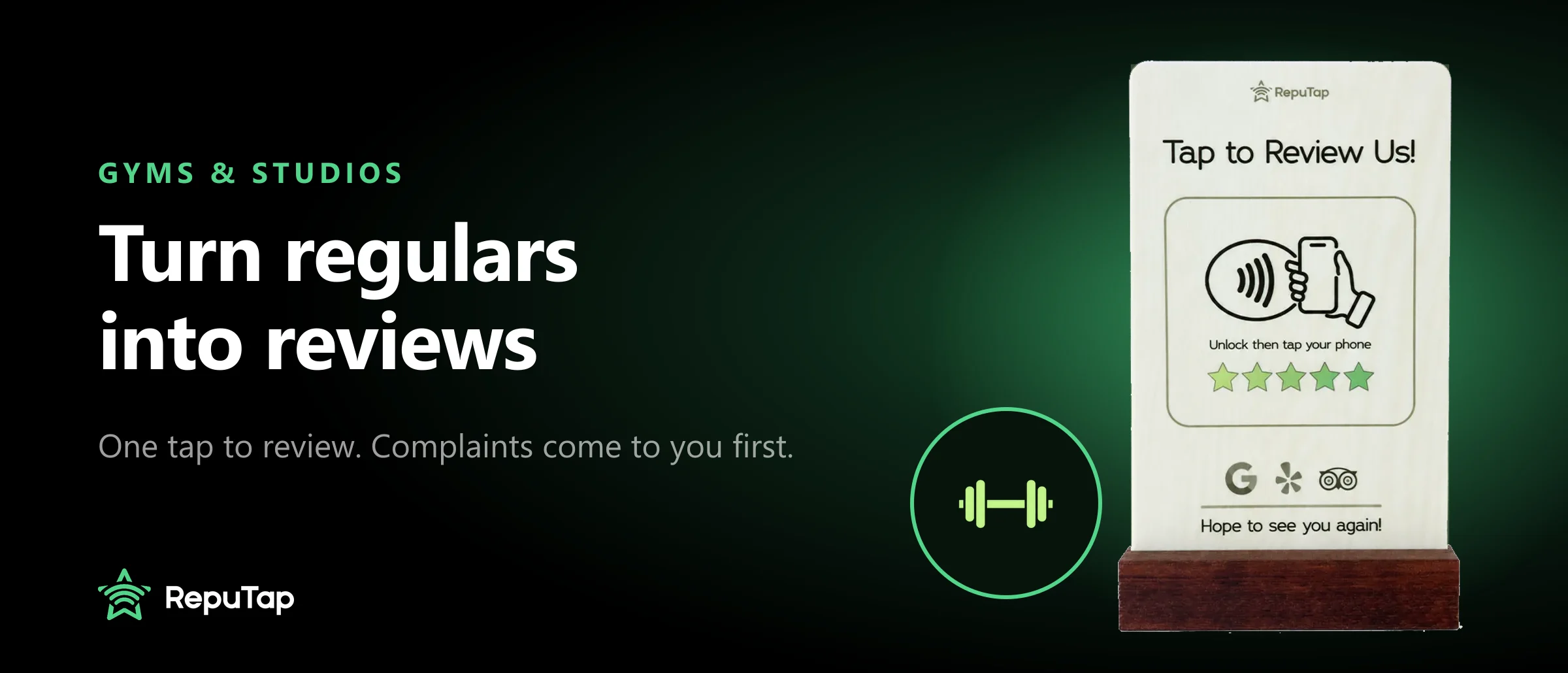 A RepuTap Tap to Review Us stand beside the words Gyms and studios, more 5-star reviews
