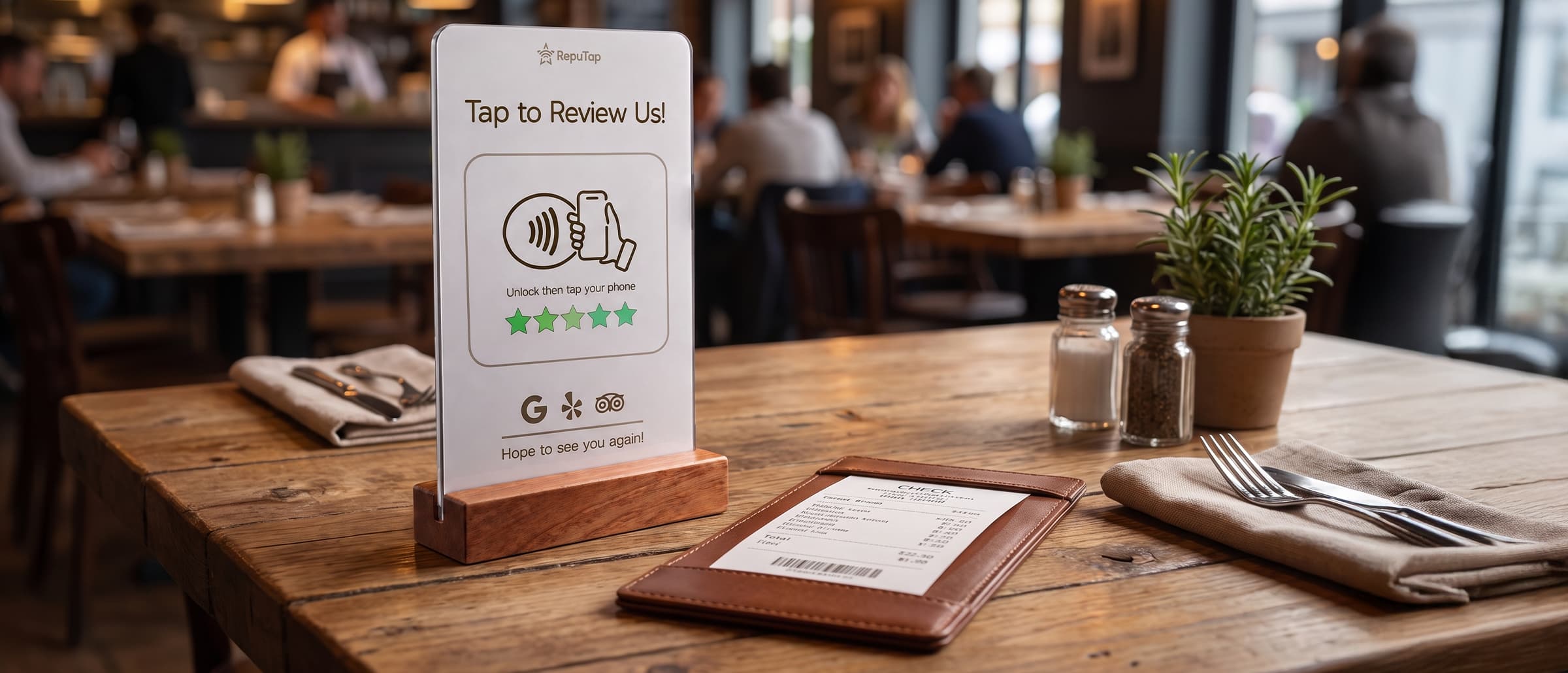 A RepuTap Tap to Review Us stand on a restaurant table beside the check presenter