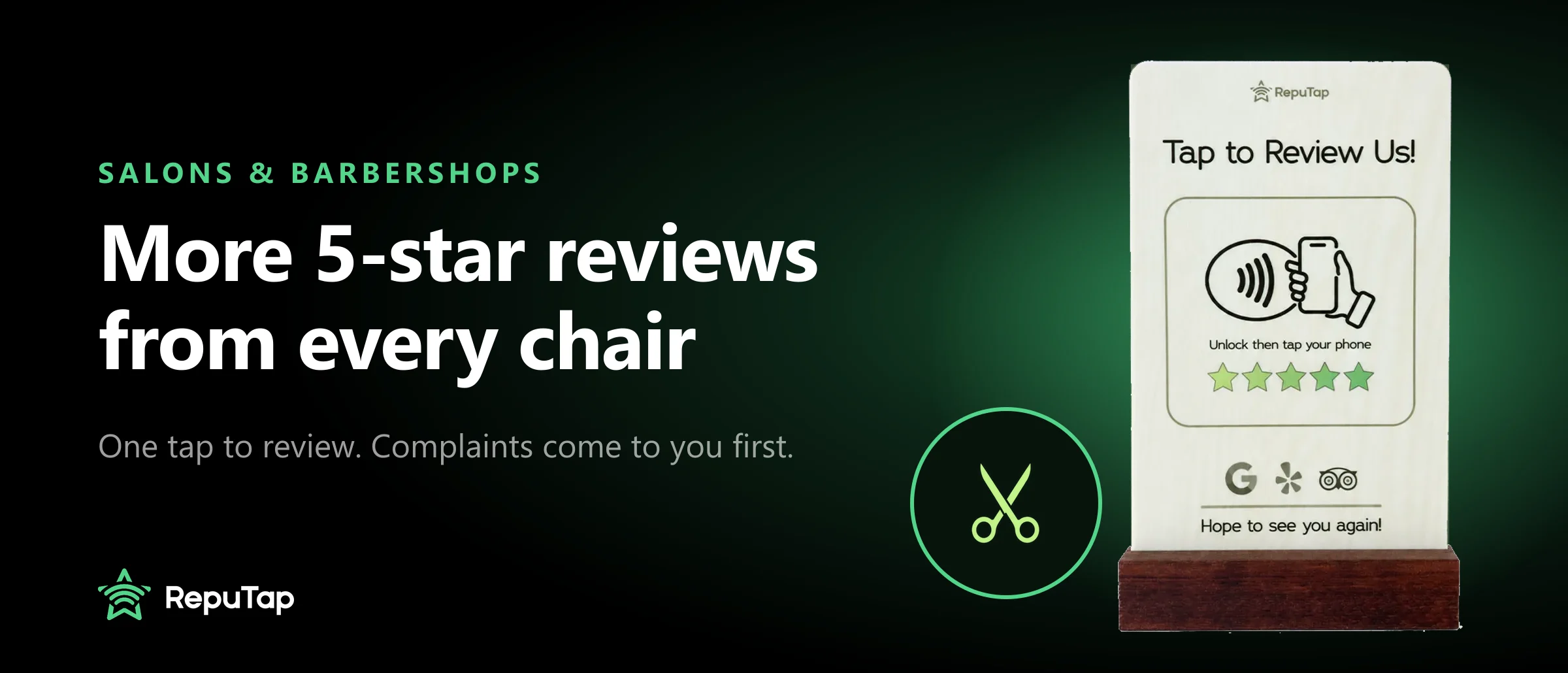 A RepuTap Tap to Review Us stand beside the words Salons and barbershops, more 5-star reviews